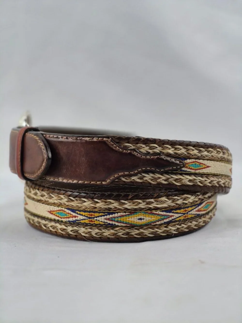 Tony Lama Aged Bark Leather Badlands Belt Horse Hair Nylon Inlay Western 38